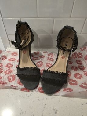 Frayed Denim Ankle-Strap Heels - Black